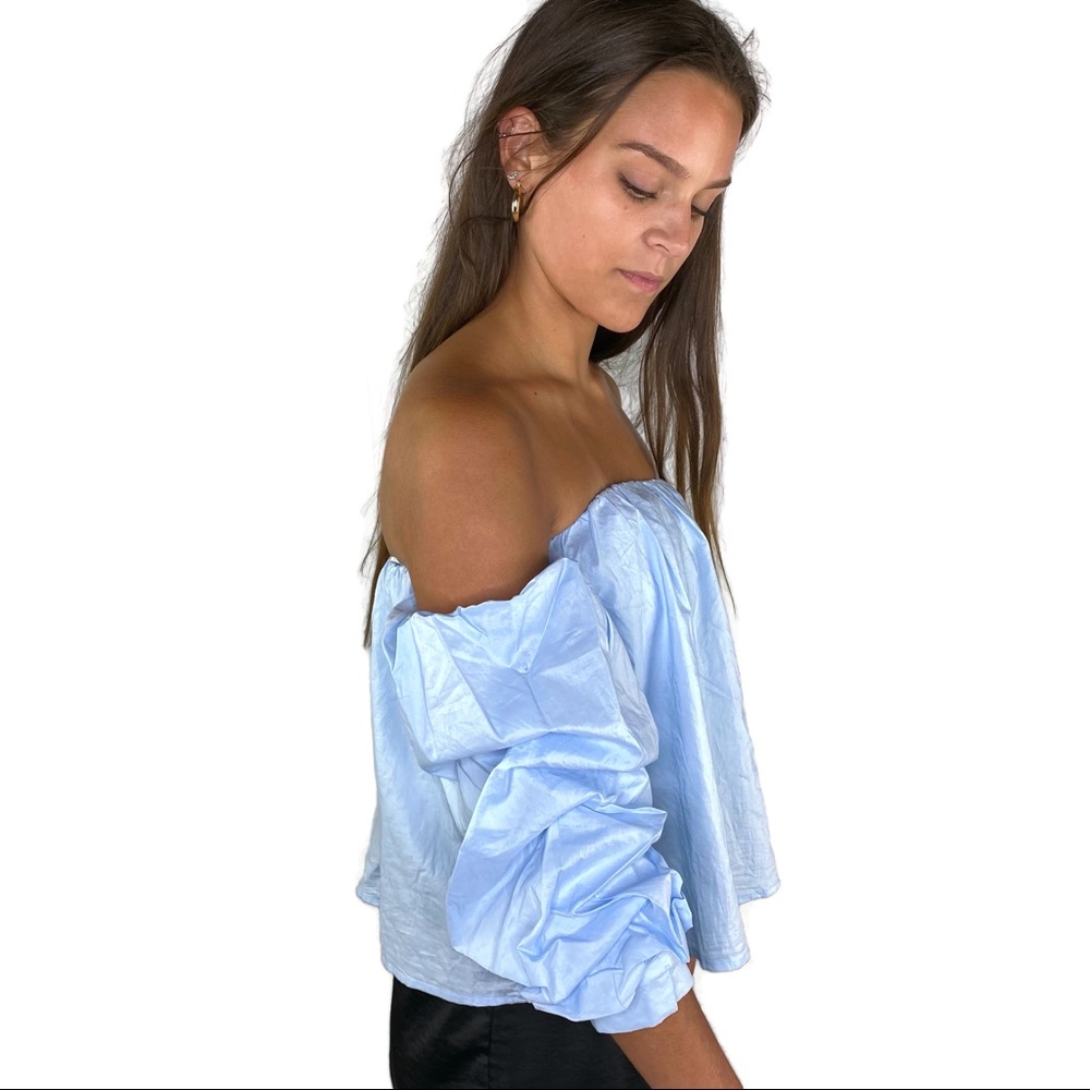 Aqua Crop Top Sky Blue light Cotton With One Off Shoulder Sleeve Size Small - Picture 2 of 16